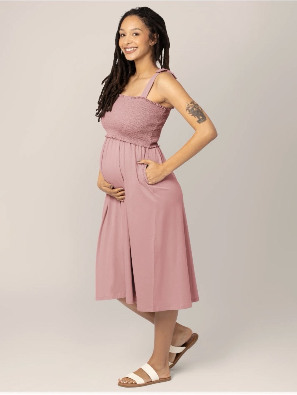 Kindred Bravely Sienna Smocked Maternity & Nursing Dress in Mauve size Medium